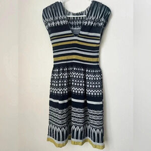 Max Edition Max Studio Navy Blue Yellow Geo Stripe Fit Flare Stretch Dress